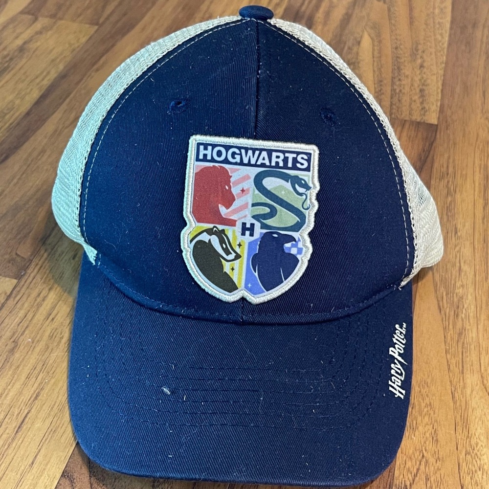 Harry Potter Hogwarts Crest Trucker Hat Navy Blue Tan Mesh Snapback Cap One Size